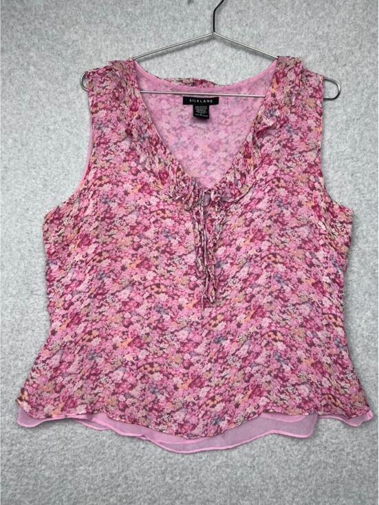 Silkland Tops - Silkland Silk Sheer Pink Floral Ruffle Dainty L Fairy Y2K Boho Coquette Dolce